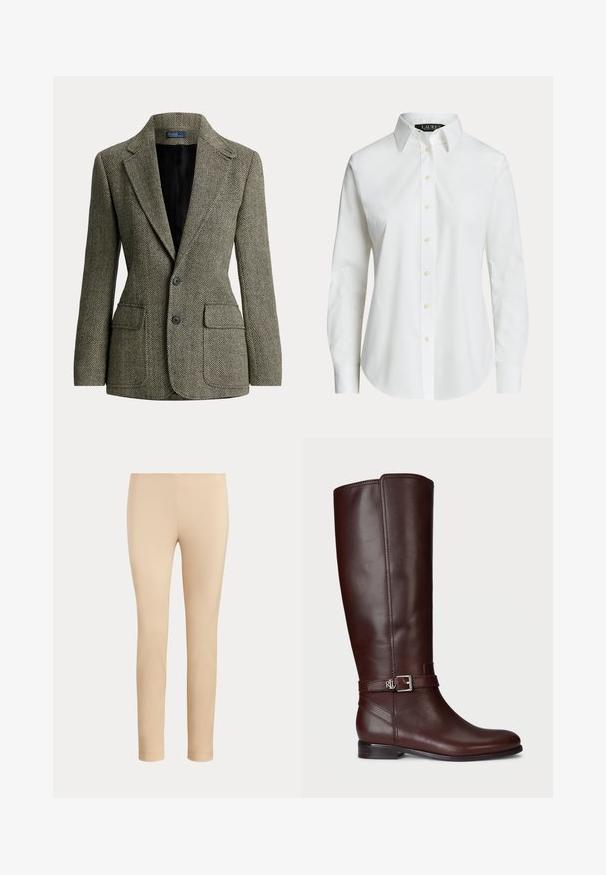 Tailored visgraat blazer in zwart en wit met ingesneden revers, twee knopen en voorvakken met klep, gevoerd met zwarte stof.; Wit overhemd met lange mouwen en knopen, met een klassieke kraag en zichtbare knopen aan de voorkant, getoond op een effen achtergrond.; Beige slim-fit enkellange broek met een gladde afwerking en zonder zichtbare zakken of versieringen op een effen achtergrond.; Bruine leren kniehoog laars met een gladde textuur, zilverkleurige gesp als accent en een lage, gestapelde hak. Bevat subtiele stikdetails.
