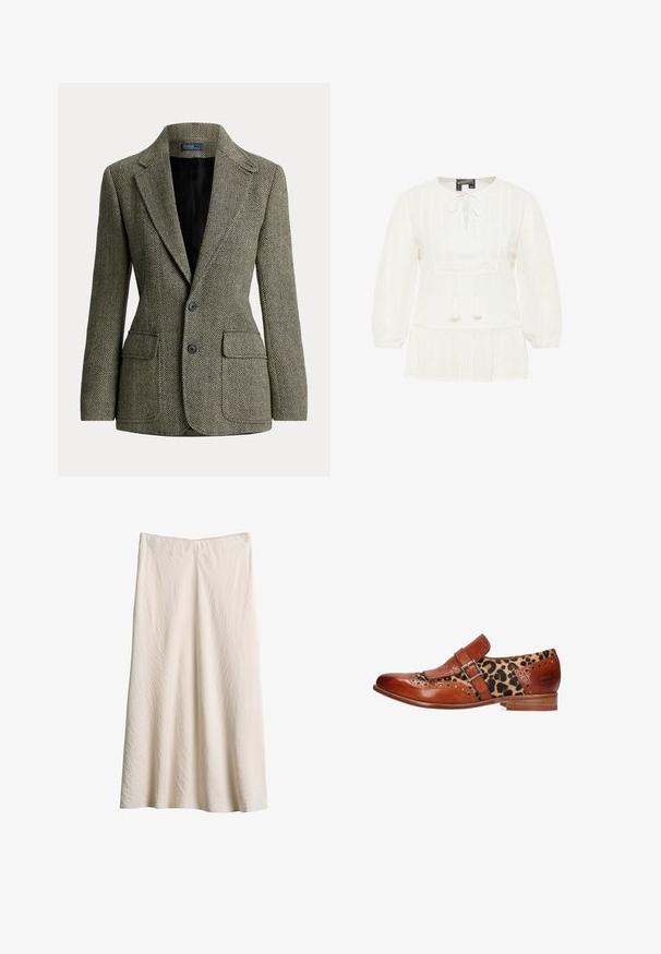 Blazer à chevrons sur mesure noir et blanc avec revers crantés, deux boutons et poches avant à rabat, doublé en tissu noir.; Blouse blanche avec manches longues, un détail de nœud à l'avant, un tissu texturé avec des motifs en points, et un bas plissé à peplum.; Jupe crème, longueur au genou, en tissu texturé. Elle présente une large ceinture et une coupe évasée avec une silhouette fluide.; Chaussure habillée pour hommes en cuir marron et imprimé léopard avec bride à boucle et détails brogue, marquée "Melvin & Hamilton" au talon.