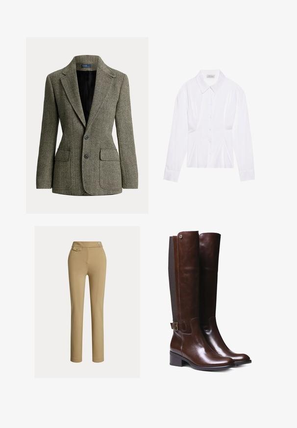 Blazer à chevrons sur mesure noir et blanc avec revers crantés, deux boutons et poches avant à rabat, doublé en tissu noir.; Blouse blanche à manches longues avec un col classique, fermeture à boutons sur le devant et détail froncé sur le côté. Tissu lisse avec une coupe ajustée.; Pantalons slim beige pour femmes avec taille haute, deux boutons sur le côté et une petite poche à rabat boutonnée près de la taille.; Bottes haute en cuir marron avec finition lisse, panneau en tissu contrastant, détail de boucle à la cheville et petit talon carré.