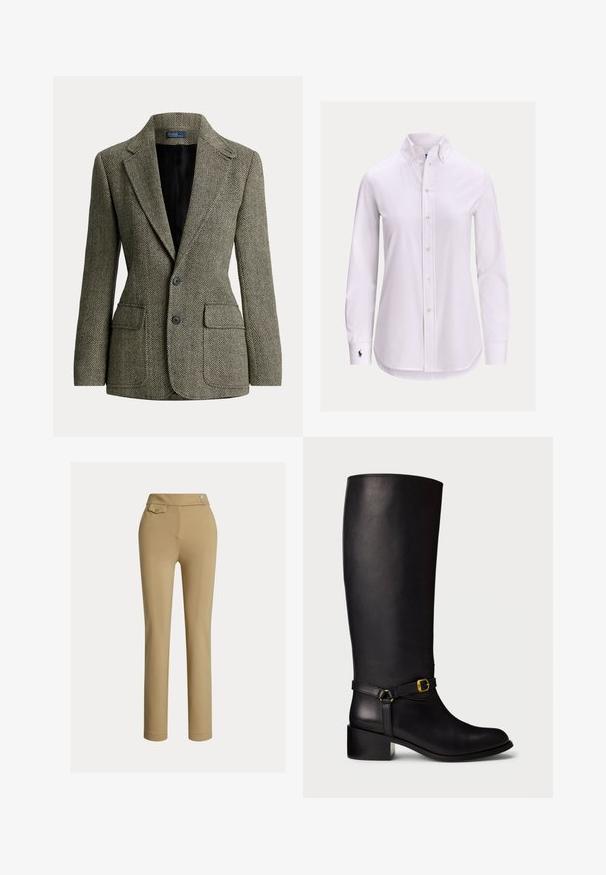 Tailored visgraat blazer in zwart en wit met ingesneden revers, twee knopen en voorvakken met klep, gevoerd met zwarte stof.; Witte blouse met lange mouwen, knoopsluiting, een knoopsluitkraag en een klein geborduurd logo op de linkermanchet.; Beige op maat gemaakte broek met een zachte textuur, hoge taille, twee decoratieve knopen en een enkele achterzak. Recht gesneden ontwerp.; Zwarte leren kuitlange laarzen met een lage blokhak en een decoratieve band met een kleine gouden gesp op de enkel.