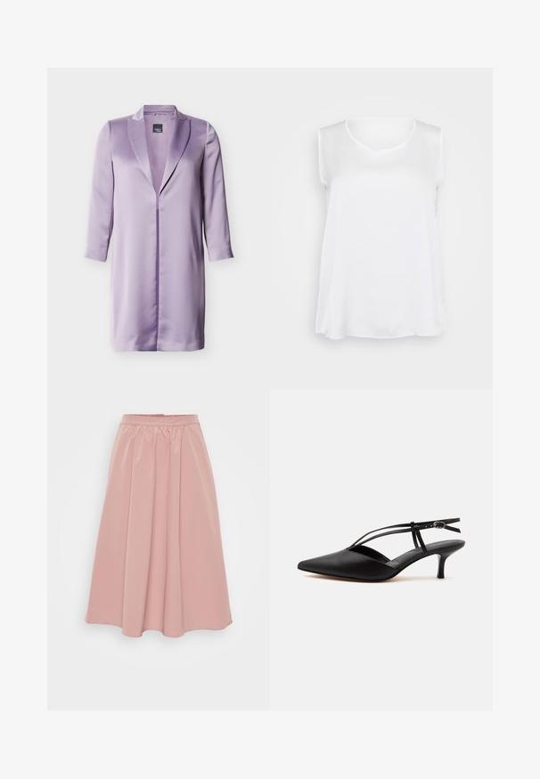 Lila satijnen blazer met lange mouwen, met inkepingskraag, naden aan de voorkant en geen zichtbare knopen, getoond tegen een witte achtergrond.; Witte mouwloze top met een gladde textuur, v-hals en een ontspannen fit. Licht gebogen zoom en zijsplitten voor verbeterde bewegingsvrijheid.; Roze, knielange rok van gladde stof, met een gegadigde tailleband en geplooid ontwerp. Plat, zonder extra hardware of patronen.; Zwarte leren pumps met spits toelopende neus, kittenheel met dunne enkelriem en gesp, slingback ontwerp, op een effen lichte achtergrond.