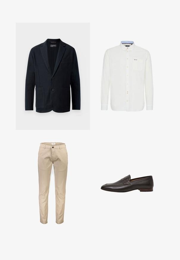 Schwarzer Herrenblazer mit Reverskragen, zwei Knöpfen, zwei aufgesetzten Fronttaschen und einer Brusttasche, präsentiert vor einem weißen Hintergrund.; Weißes Langarmhemd mit Button-Down-Kragen. Verfügt über eine Brusttasche und farbige Streifenakzente in der Nähe der Tasche und der Knopfleiste. Glatte Textur.; Beige Baumwollhosen mit geradem Bein, ausgestattet mit Vordertaschen, Reißverschluss und einem einzelnen Knopfverschluss. Glatte Textur, ohne Muster.; Braune Leder-Loafers mit glatter Textur, spitz zulaufendem Zehendesign und dekorativem Riemen über dem Spann. Ledersohle und niedriger Absatz.