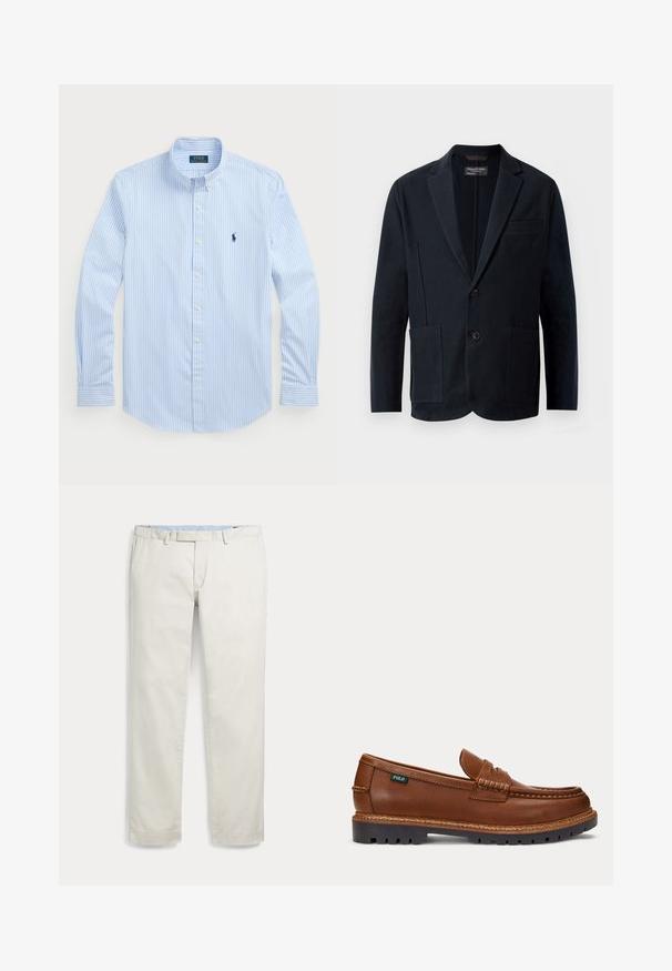 Schwarzer Herrenblazer mit Reverskragen, zwei Knöpfen, zwei aufgesetzten Fronttaschen und einer Brusttasche, präsentiert vor einem weißen Hintergrund.; Helles blau gestreiftes Hemd mit Knopfleiste, langen Ärmeln, weißen Knöpfen und klassischem Kragen, versehen mit einem kleinen marineblauen Logo auf der linken Brust. Baumwollstoff.; Hellbeige Herrenhose mit geradem Bein, Gürtelschlaufen und Seitentaschen, flach auf weißem Hintergrund dargestellt.; Brauner Lederloafer mit aufgenähten Details, robuster schwarzer Sohle und kleinem "Polo"-Etikett an der Seite.