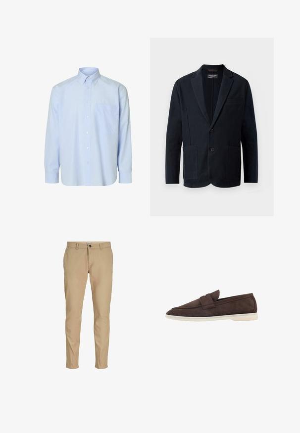 Herre sort blazer med næseklapper, to knapper, to forreste klaplommer og en brystlomme, præsenteret på en hvid baggrund.; Lyseblå langærmet skjorte med knapper og hvide lodrette striber, en enkelt brystlomme og en klassisk krave. Glat stoftekstur.; Beige, tætsiddende herrebukser med bæltestropper, frontknaplukning og sidelommer på hvid baggrund.; Scarosso Loafers - brown suede