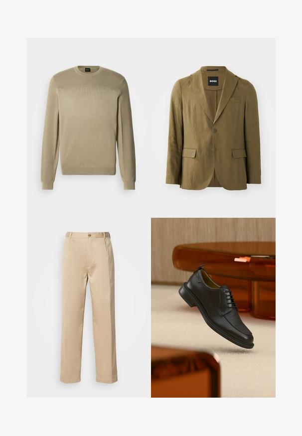 Blazer vert olive en tissu texturé, avec un revers cranté, deux boutons et deux poches avant ; coupe ajustée avec une fente seule.; Pull beige en tissu tricoté doux, doté d'un col rond, de manches longues et d'une côte texturée aux épaules. Détail logo subtil.; Pantalons beiges en tissu léger, avec une coupe droite, une taille avec passants de ceinture et une fermeture à bouton sur le devant.; Chaussure habillée noire en cuir à lacets avec devant texturé, flottant au-dessus d'un tapis beige dans une pièce moderne avec des meubles teintés d'ambre.