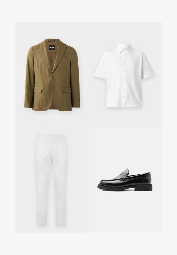 Olijfgroene blazer van textuurstof, met een notch lapel, twee knopen en twee voorzakken; tailored fit met een enkele split.; Witte kortemouw button-up blouse van gestructureerde stof met een klassieke kraag en een lijnenpatroon. Zes knoppen aan de voorkant.; Slim-fit witte broek met riemlussen, ritssluiting aan de voorkant en zijzakken, plat weergegeven op een neutrale achtergrond.; Zwarte leren loafer met dikke rubberen zool, gestikte bovenkant en gegraveerde merknaam op de hiel, zijaanzicht op witte achtergrond.