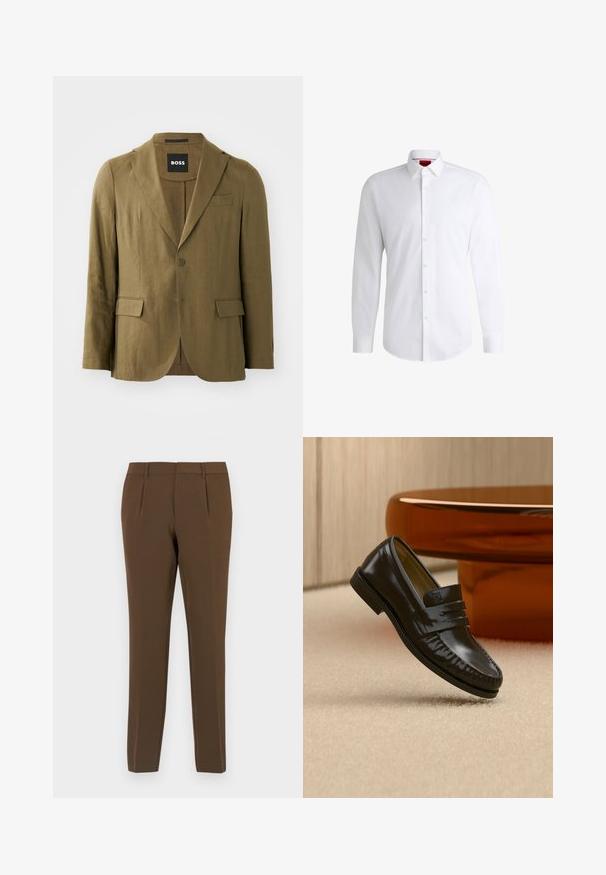 Blazer vert olive en tissu texturé, avec un revers cranté, deux boutons et deux poches avant ; coupe ajustée avec une fente seule.; Chemise blanche à manches longues en tissu lisse avec un col classique et un ourlet arrondi. Présente des boutons beiges à l'avant.; Pantalons marron sur mesure avec une texture lisse, dotés de deux plis avant, de jambes droites et de passants de ceinture. Design épuré et minimaliste.; Mocassin en cuir noir brillant avec un détail de bride, posé sur un tapis beige près d'une table basse ronde en bois brun dans une pièce doucement éclairée.