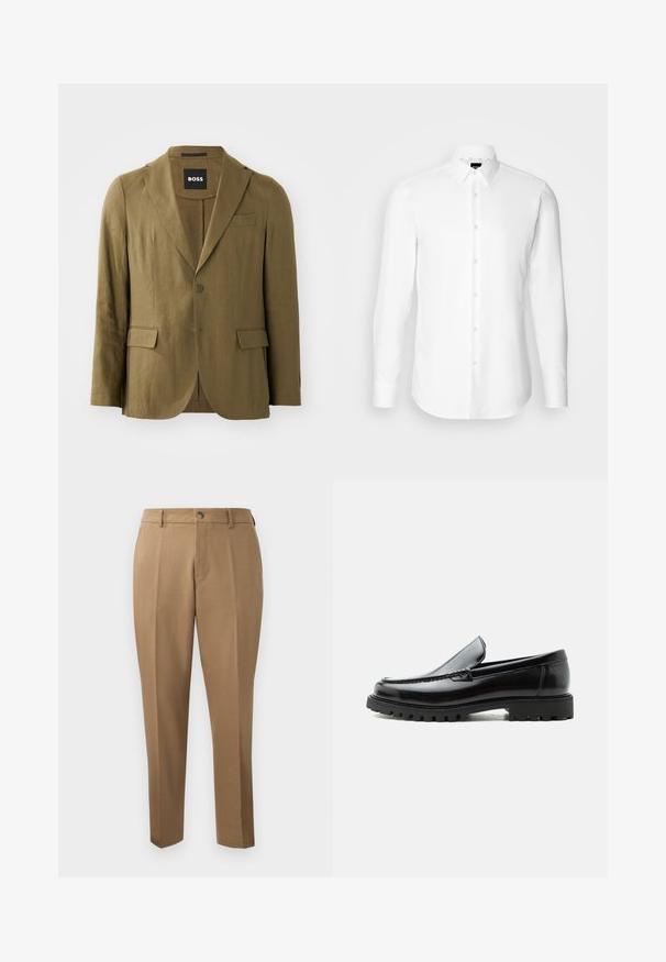 Olivgrüner Blazer aus strukturiertem Stoff, mit Reverskragen, zwei Knöpfen und zwei Fronttaschen; taillierte Passform mit einem Schlitz.; Weißes Langarmhemd, vorne mit Knöpfen, klassischer Kragen, aus glattem Stoff mit feiner Textur, für eine figurnahe Passform entworfen.; Braune maßgeschneiderte Hosen mit geradem Schnitt, seitlichen Falten, Gürtelschlaufen und einem vorderen Knopfverschluss. Glattes Gewebe mit matter Textur.; Schwarzer Lederloafer mit grober Gummisohle, genähter Oberseite und geprägtem Markennamen an der Ferse, seitlich auf weißem Hintergrund gezeigt.