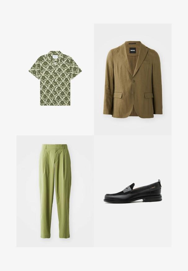 Blazer verde oliva hecho de tela texturizada, con solapas de pico, dos botones y dos bolsillos delanteros; ajuste entallado con una abertura trasera.; Camisa de manga corta con un patrón floral verde sobre un fondo beige claro. Presenta un cuello y una etiqueta con la inscripción "Les Deux".; Pantalones verdes claros hechos de una tela texturizada, con una forma recta, pliegues en la parte frontal y una cinturilla estándar.; Mocasín de cuero negro con detalle de tira gris, tacón bajo y suela texturizada, con la marca "HUGO" en oro en el lateral.