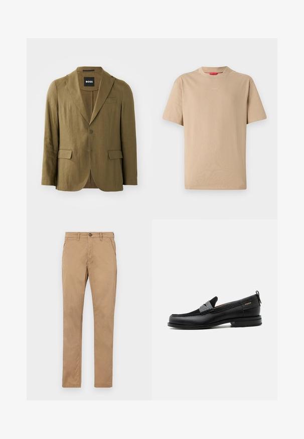 Blazer vert olive en tissu texturé, avec un revers cranté, deux boutons et deux poches avant ; coupe ajustée avec une fente seule.; T-shirt en coton beige à manches courtes, col rond, avec un logo "HUGO" discret au centre. Texture lisse, coupe décontractée.; Chinos beige à jambes droites en coton. Présentent un bouton à l'avant, une fermeture éclair, et des poches latérales avec une texture lisse et sans motifs visibles.; Mocassin en cuir noir avec détail de bride grise, talon bas et semelle texturée, marqué "HUGO" en or sur le côté.
