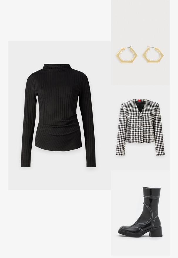 Sort og hvid ternet blazer med V-hals, strukturerede skuldre, lange ærmer og to knapper foran; tekstureret stof.; Good American VICTORIAN FUNNEL NECK - Langærmet T-shirt - black; Sort patenteret læder ankelstøvle med hvid stikning, rund tå og blokhæl. Har buede designlinjer og en glat tekstur.; Øreringe i guldformet sekskant med en glat overflade og en række klare krystaller langs den indvendige kant. Metalbeslag fuldender designet.