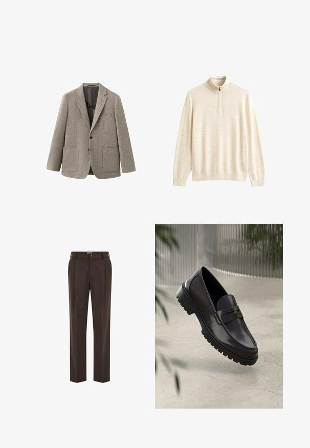 Veste blazer gris à motif chevrons avec revers crantés, deux poches avant, fermeture à un bouton et tissu texturé. Doublure intérieure sombre.; Pull long à manches longues de couleur crème avec un col montant et une courte fermeture éclair à l'avant, présenté sur un fond blanc.; Pantalon marron foncé sur mesure avec plis à l'avant, passants de ceinture, fermeture par bouton et coupe droite.; Mocassins en cuir marron avec une semelle en caoutchouc texturée et striée. Présente un design épuré et une sangle décorative sur le cou-de-pied.