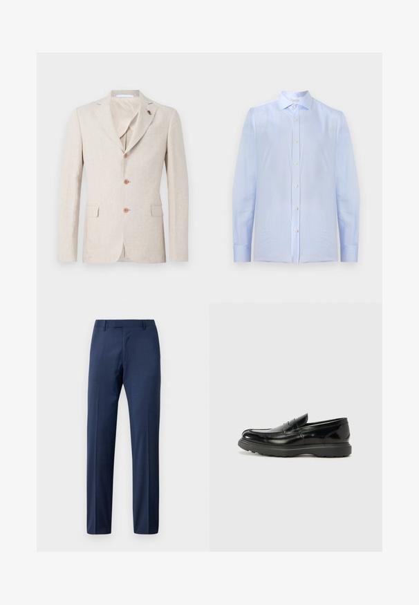 Blazer de lino beige con solapa muesca, tres botones marrones y dos bolsillos frontales. Forro interior de tejido ligero, textura suave.; Camisa de vestir azul claro de manga larga para hombre con rayas verticales blancas, abotonada al frente, cuello clásico y puños con botones.; Pantalones de traje de hombre en azul marino, ajustados, con pasadores para cinturón y cierre de cremallera en la parte delantera, exhibidos sobre un fondo blanco.; Mocasín de cuero negro con un acabado brillante, punta redondeada, detalles de costura sutiles y una suela de goma gruesa para mayor durabilidad.