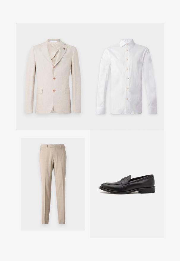Beige linnen blazer met een notch revers, drie bruine knopen en twee voorkruiken. Binnenvoering van lichte stof, zachte textuur.; Wit overhemd met lange mouwen, beige knoppen, puntige kraag en knoopmanchetten, plat uitgestald op een lichte achtergrond.; Beige tapschoenen gemaakt van lichtgewicht stof, met voorplooien, twee zijzakken en een gladde textuur.; Zwarte leren loafers met een gladde afwerking, een decoratieve band over de bovenkant, een ronde neus en een lage gestapelde hak.
