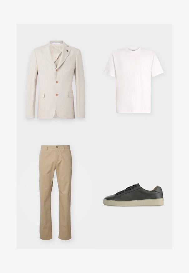 Beige linned blazer med reverskrave, tre brune knapper og to brystlommer. Indvendig foret med let stof, glat tekstur.; Hvid, ensfarvet T-shirt med korte ærmer og rund halsudskæring med et lille præget logo på venstre bryst, vist på en lys baggrund.; Beige chinos med lige ben design, lavet af bomuldsstof, med en enkelt frontknap og standard talje med bæltesløjfer.; Lav top sort lædersneaker med sorte snørebånd og off-white gummisål, set fra den ydre side på hvid baggrund.