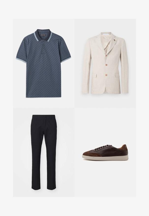 Blazer de lino beige con solapa muesca, tres botones marrones y dos bolsillos frontales. Forro interior de tejido ligero, textura suave.; Camisa polo de color azul marino con un patrón geométrico. Presenta un cuello acanalado con acentos en azul claro y una tapeta de tres botones. Fabricada en una tela suave.; Pantalones navy con un corte entallado, hechos de una tela suave. Cuentan con un frente plano, trabillas para un cinturón y piernas rectas con un dobladillo limpio.; Zapatilla baja de piel marrón y ante con cordones marrón oscuro y suela de goma blanca vista desde el lado exterior.