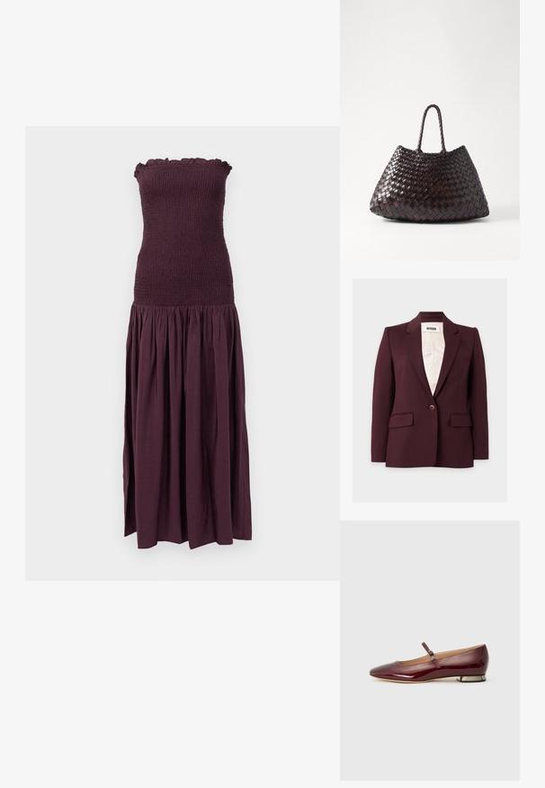 Mørk blommefarvet blazer med enkelt knap, notched revers, klaplommer og cremefarvet inderfor, mærke Drykorn.; Strapless, mørkeblå kjole med smocket bodice, frynset halsudskæring og let, samlet nederdel. Lavet af letvægts, tekstureret stof.; Bordeaux patentlæder flad sko med en afrundet tå, en rem over vampsen og en lav hæl med metalaccenter. Glat tekstur.; DRAGON DIFFUSION SANTA CROCE BIG - Håndtasker - dark brown