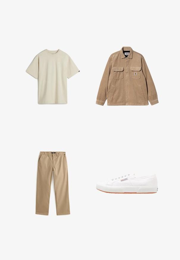 Beige fløjl jakke med to brystlommer, lange ærmer og knaplukning. Har et logo-patch på den venstre lomme. Blød tekstur.; Beige bomulds T-shirt med korte ærmer, rund halsudskæring og et lille hvidt logo på brystet. Glat tekstur med en afslappet pasform.; Beige chinos med lige ben lavet af let bomuldsstof. Har to forlommer og lukning med knap. Glat struktur, minimal dekoration.; Hvide kanvas sneakers med gummisål, snørebåndsdesign og et lille logo mærke på siden. Tekstureret hvid overdel og brun ydersål.