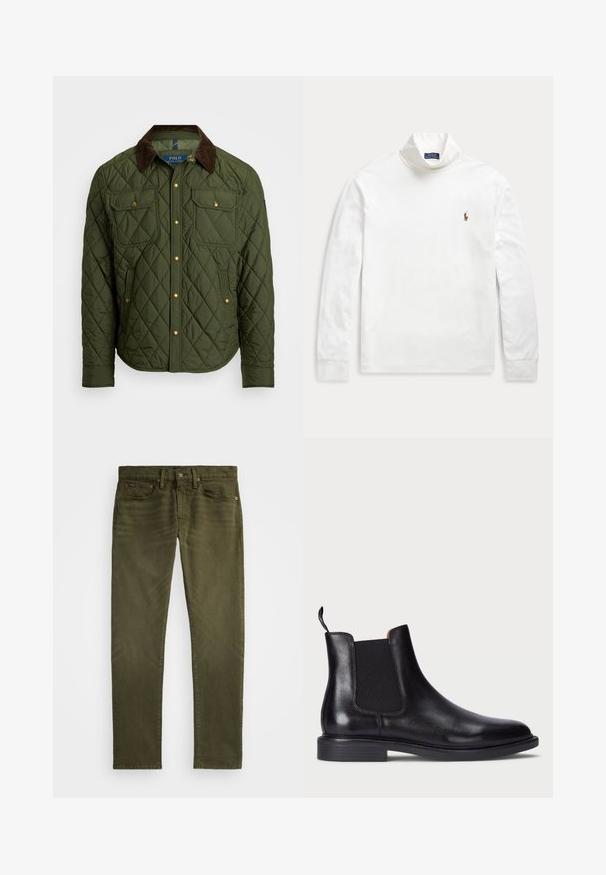 Polo Ralph Lauren THE BEATON QUILTED JACKET - Kerge jope - company olive; Valge pikkade varrukatega kõrge kaelakaelaga särk, millel on väike tikitud hobuse ja ratsaniku logo vasakul rinnal.; Polo Ralph Lauren SULLIVAN SLIM POLO PONY STRETCH JEAN - Liibuvad teksad - dark loden; Mustast nahkajalastest Chelsea saapad elastsete külgpaneelidega, tekstuurse viimistlusega, ümarate varvastega ja madala paksu kontsaga. Omab tõmbeaasat, et neid oleks lihtne jalga panna.