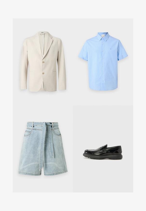 Blazer beige à deux boutons, avec revers crantés, poches avant à rabat et manches longues, présenté sur un fond uni.; Chemise bleu clair à manches courtes avec des rayures blanches verticales et un col, arborant un petit logo brodé sur la poitrine.; Short en jean bleu clair avec des poches devant et une ceinture en tissu assortie nouée à la taille.; Mocassin en cuir noir avec une finition brillante, bout arrondi, détails de couture subtils et semelle en caoutchouc épaisse pour la durabilité.