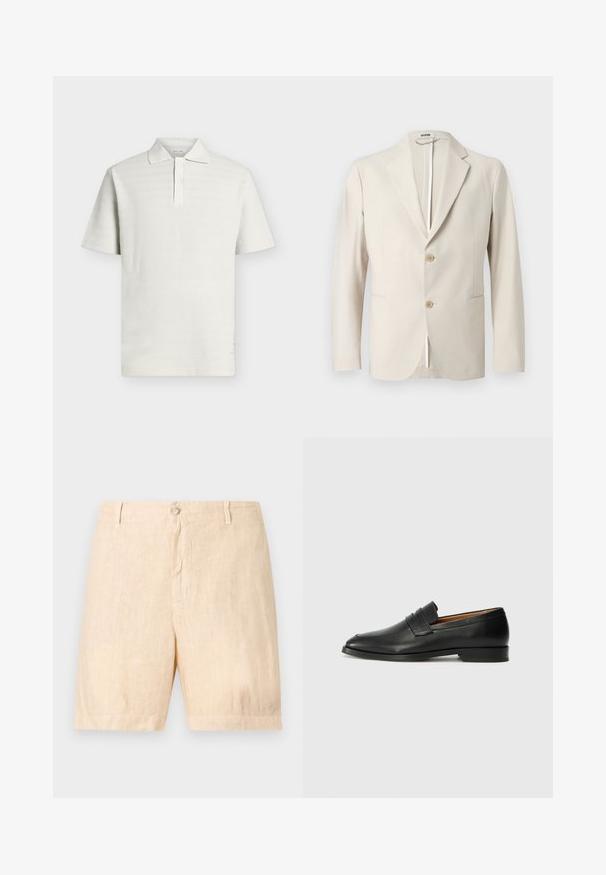 Blazer beige à deux boutons, avec revers crantés, poches avant à rabat et manches longues, présenté sur un fond uni.; Polo à manches courtes texturé écru avec patte à deux boutons et col classique sur fond uni.; Shorts en lin beige avec un devant plat, fermeture à boutons et poches latérales. La texture est légère et légèrement froissée.; Mocassin en cuir noir avec un bout arrondi, des coutures subtiles et un talon bas, présentant une texture lisse et un design minimaliste.