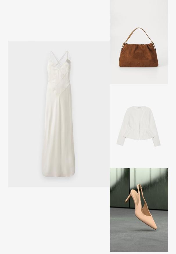 Weiße Jacke mit langen Ärmeln, rundem Ausschnitt, Peplum-Taille und Reißverschlussverschluss vorne. Glattes Material ohne sichtbare Muster oder Akzente.; Langes, cremefarbenes Satin-Kleid mit dünnen Trägern, das ein Kreuzdesign am Ausschnitt aufweist und eine legere Passform hat, mit einer glatten, glänzenden Textur.; Beiger Slingback-Pumps mit spitz zulaufender Spitze und hohem Absatz, schwebend über einer grau strukturierten Oberfläche mit verschwommenem grünlichem Hintergrund.; Braune Wildlederhandtasche mit einem gerafften Design, ausgestattet mit einem einzelnen hellbraunen Ledertragegurt und einem subtilen goldenen Logo-Detail auf der Vorderseite.