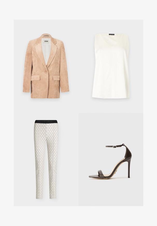 Blazer en velours côtelé beige avec un seul bouton, des revers crantés et deux poches avant. Texture douce avec un côtelé vertical sur toute la surface.; Haut blanc sans manches pour femme avec un décolleté carré et une étiquette Emporio Armani au niveau du col arrière.; Pantalon slim blanc à motif chaîne géométrique noire et taille noire étiquetée "SPORT".; Sandale à talons hauts marron avec une fine bride de cheville et une bande de orteil plate. Texture en cuir lisse avec un bout pointu et un design à talon aiguille.