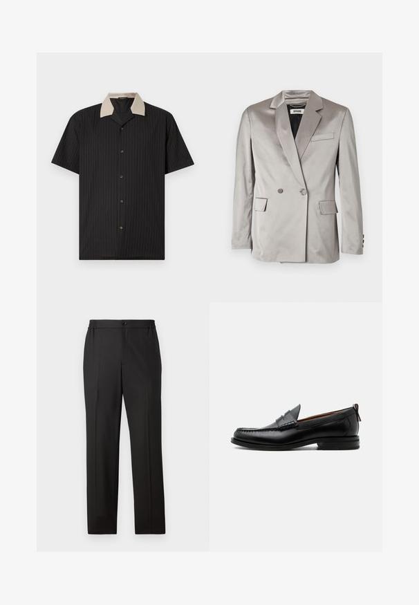 Grå satin dobbeltradet blazer med spidse klapper, forlommer og knapmanchetter. Glat tekstur, skræddersyet pasform og minimalistisk design.; Kortærmet skjorte i sort med lodrette striber, der har en beige krave og frontknapper. Fremstillet af letvægtsstof med en glat tekstur.; Sorte bukser med lige ben, elastisk talje med knaplukning, flad front og glat stofoverflade.; Sort læder herre loafer med moc-tå syning, penny strop, struktureret krave og lav stablet hæl på hvid baggrund.