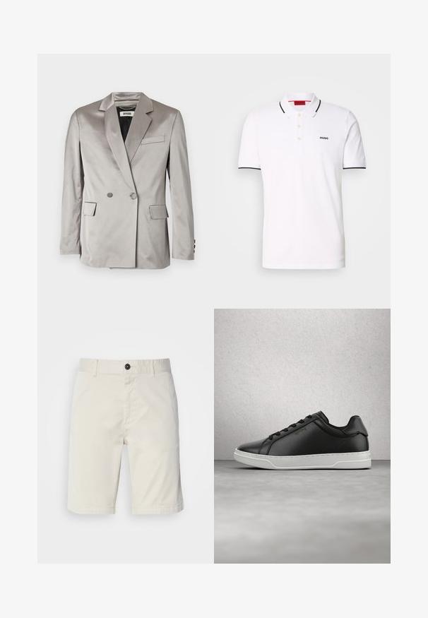 Grau satinierter, doppelt geknöpfter Blazer mit Reverskragen, vorderen Taschen und geknöpften Manschetten. Glatte Textur, taillierte Passform und minimalistisches Design.; Weiße Polohemden aus Baumwolle mit klassischem Kragen, einer drei-Knopf-Blende, schwarzem Saum an den Ärmeln und einem kleinen schwarzen Logo auf der Brust.; Helle beige Shorts aus Baumwolle, mit einem Knopfverschluss, Vordertaschen und abgestepptem Saum. Glatte Textur mit einem lässigen Design.; Schwarzer Ledersneaker mit weißer Gummisohle, abgerundetem Zehenbereich, Schnürverschluss vorne und einem dezenten goldenen Logo an der Seite. Glatte Textur.