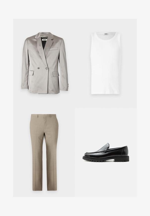 Grå satin dobbeltradet blazer med spidse klapper, forlommer og knapmanchetter. Glat tekstur, skræddersyet pasform og minimalistisk design.; Hvid bomulds tanktop uden ærmer med rund halsudskæring og en glat tekstur. Enkel design, ingen mønstre eller accenter.; Beige skræddersyede bukser med en glat tekstur, lige ben, subtilt ternet mønster og flad front. To baglommer inkluderet.; Sort læderloafer med chunky gummisål, syet overdel og præget mærkenavn på hælen, vist i sideprofil på hvid baggrund.