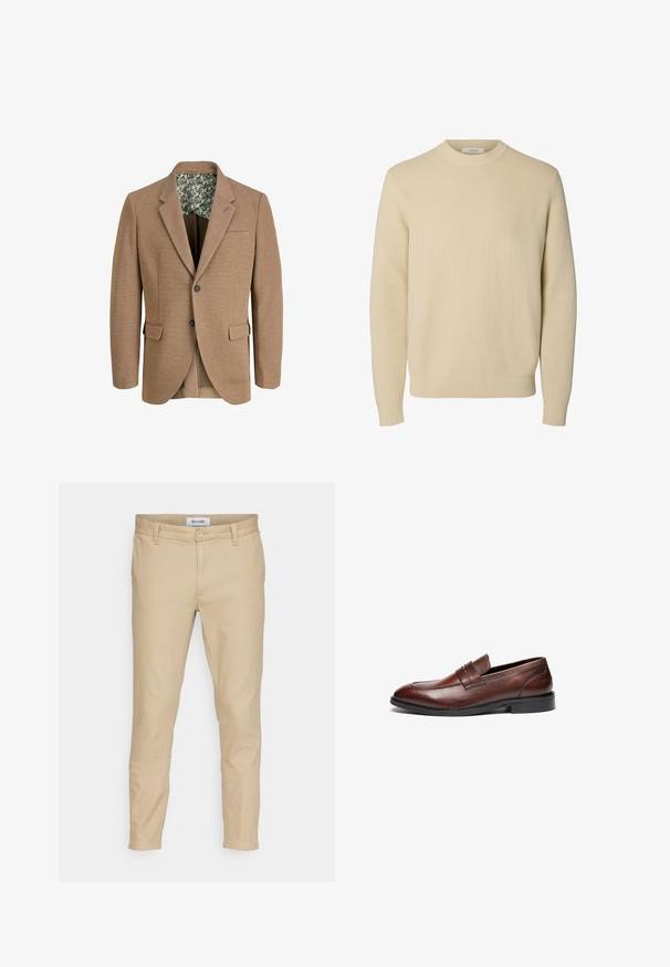 Blazer tissé marron avec revers à cran, deux poches avant et doublure à motif floral. Comprend une fermeture à un bouton et un tissu texturé.; Pull tricoté beige uni à col rond, manches longues avec poignets et bas côtelés.; Pantalons beiges en tissu à mélange de coton. Équipés d'une fermeture à bouton, de poches avant et d'une coupe slim avec une texture lisse.; Mocassins en cuir marron avec une finition lisse, bout arrondi, sangle décorative et semelle en caoutchouc noire. Présente un détail de coutures minimal.