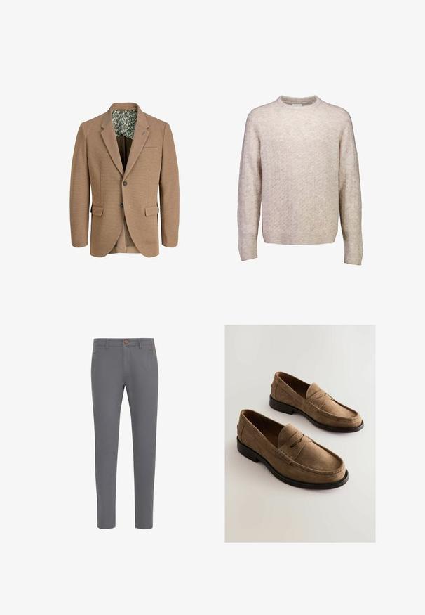Bruine geweven blazer met notch revers, twee voorzakken en een bloemenpatroon voering. Heeft een enkele knoopsluiting en een gestructureerde stof.; Beige gebreide trui met lange mouwen, subtiel reliëfpatroon, geribde boorden en zoom, en een ronde hals.; Grijze katoenen broek met een aansluitend ontwerp, voorzien van een knoopsluiting, standaardzakken en een gladde textuur.; Bruine suède instappers met een mocassinontwerp, gestikte details en een gladde leren zool. Kenmerkt een subtiele verhoogde naden over de voet.