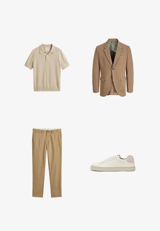 Blazer tissé marron avec revers à cran, deux poches avant et doublure à motif floral. Comprend une fermeture à un bouton et un tissu texturé.; Polo beige à manches courtes avec poignets et ourlet côtelés, patte à deux boutons, et étiquette de la marque GANT à l'intérieur du col.; Pantalon beige décontracté à jambe droite avec passants pour ceinture, bouton et fermeture éclair à l'avant, et poches latérales, vue de face.; Baskets basses en cuir blanc avec lacets blancs, semelle légèrement texturée et patch en daim gris clair au talon, vue latérale.