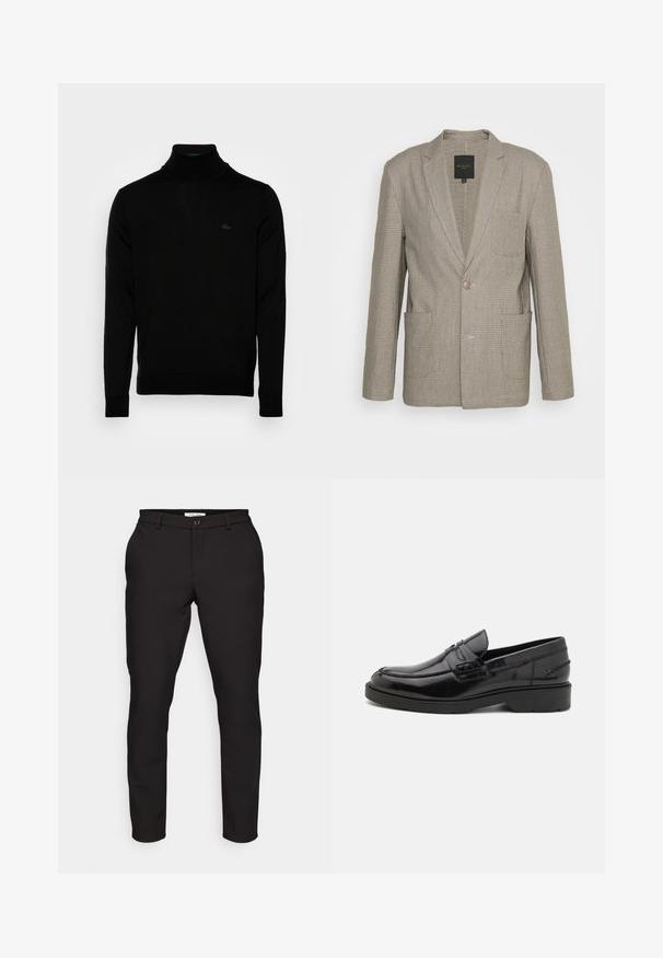 Brave Soul MJK-CANTERBURY - Blejzrové sako - 1 x light grey check; Čierny rolák, rebrovaná textúra, dlhé rukávy, priliehavý strih, diskrétne logo Lacoste na hrudi, stredne ťažký pletený materiál.; Čierne nohavice s prispôsobeným strihom. Obsahujú zips, gombíkovú uzáver, bočné vrecká a hladkú, ľahkú tkaninu.; Čierne kožené mokasíny s hladkým povrchom, zaoblenou špičkou, nízkym podpätkom a dekoratívnym prešívaním na prednej strane. Gumová podrážka pre lepšiu priľnavosť.