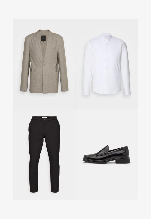 Brave Soul MJK-CANTERBURY - Veste de costume - 1 x light grey check; Chemise blanche à manches longues avec boutons, fabriquée dans un tissu lisse, dotée d'un col classique, de huit boutons sur le devant et de poignets standards.; Pantalons noirs ajustés avec une coupe slim. Comprend une fermeture à glissière, un bouton, des poches latérales et un tissu lisse et léger.; Mocassins en cuir noir avec un embout arrondi, présentant un détail cousu sur le dessus, et un petit talon carré. Texture lisse et finition brillante.