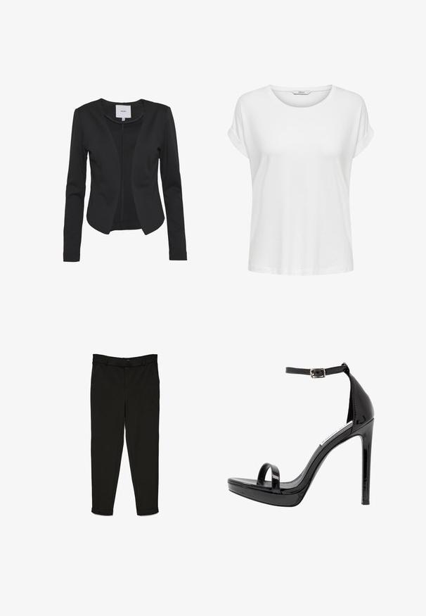 Blazer negro a medida para mujer con mangas largas, delantero abierto y ligera curva en el dobladillo, con etiqueta "ICHI" en el interior del cuello.; Camiseta blanca de manga corta hecha de algodón suave. Presenta un cuello redondo y puños enrollados. Diseño simple sin patrones ni acentos.; Pantalones negros de tela tejida, con un diseño de corte recto, parte delantera plana y puños en los tobillos para un aspecto estilizado.; Steve Madden MILANO - Sandalias de tacón - black