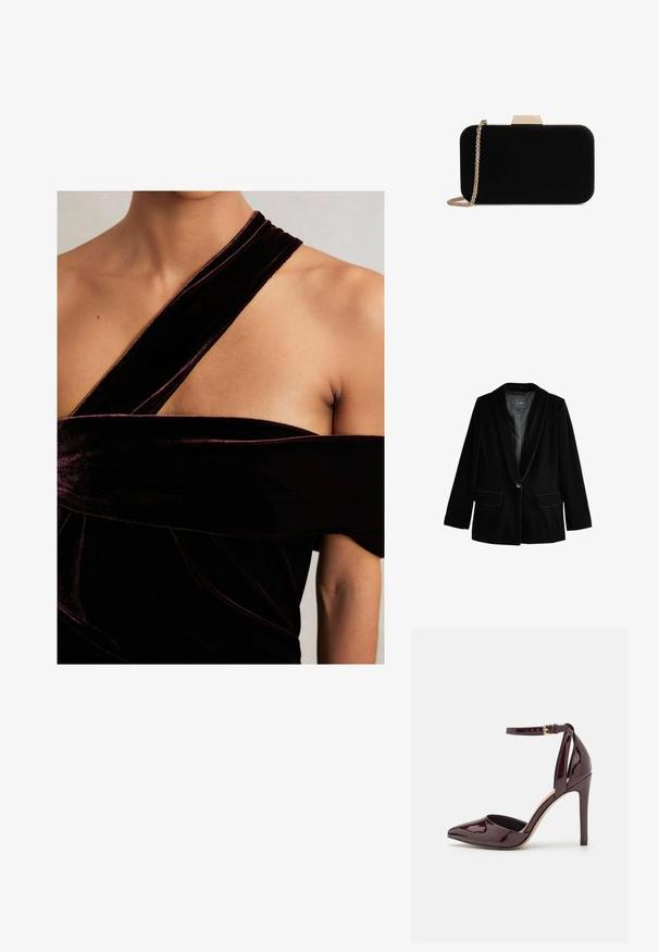 Blazer de terciopelo negro con solapa muestrade, cierre de un botón y dos bolsillos frontales. Textura suave y forma ajustada.; Vestido de terciopelo burdeos con un diseño de tirante torcido y textura suave, con acentos drapeados que destacan el corsé.; Zapato de charol burdeos de tacón alto con punta afilada, correa en el tobillo y un tacón de 10 cm tipo stiletto. Textura suave y detalles mínimos.; Clutch de terciopelo negro con herrajes en tono dorado, de forma rectangular y con correa de cadena, que presenta una textura suave y sin patrones visibles.
