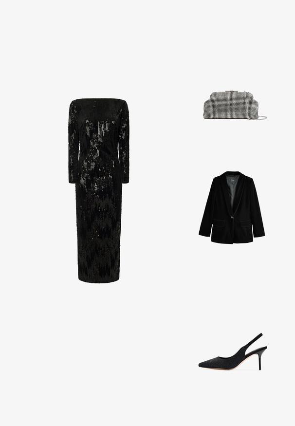 Blazer de terciopelo negro con solapa muestrade, cierre de un botón y dos bolsillos frontales. Textura suave y forma ajustada.; Vestido negro adornado con lentejuelas, con mangas largas, escote en los hombros y silueta recta; presenta una superficie texturizada y brillante.; Zapato de tacón negro tipo slingback con punta afilada, adornado con strass. Presenta un diseño elegante, tacón de aguja alto y forro interior suave.; Reiss ADALINE EMBELLISHED - Clutch - silver coloured