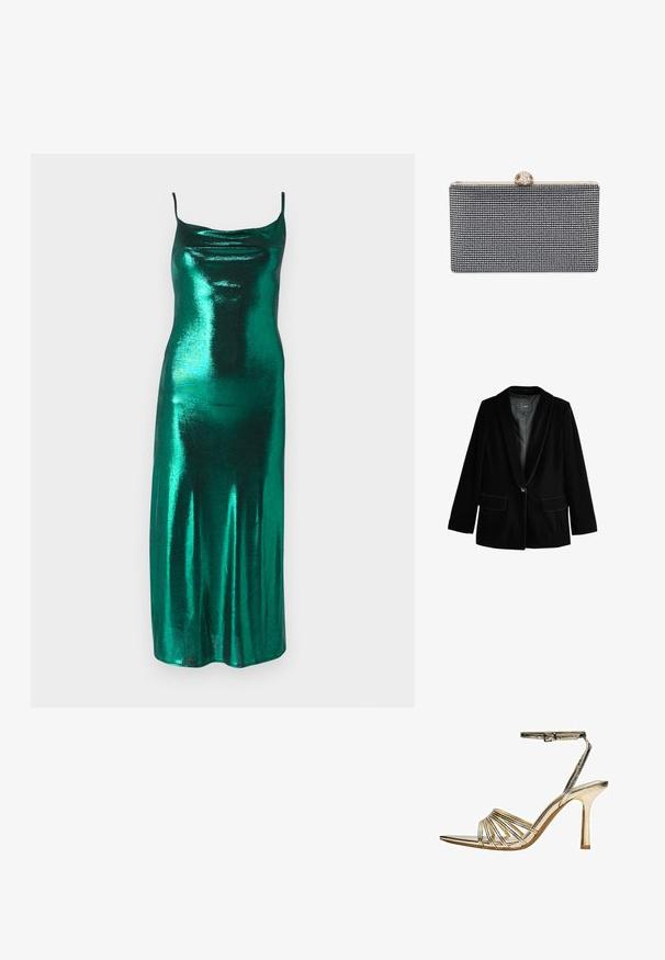 Zwarte fluwelen blazer met een reverskraag, enkele knoopsluiting en twee voorzakken. Zachte textuur en getailleerde pasvorm.; Metallisch groene satijnen slipdress met dunne bandjes en een gedrapeerde halslijn, met een aansluitende pasvorm die doorloopt naar een middenlang zoom.; Gouden hooggehakte sandaal met smalle bandjes, enkelgesp, open teen en slanke stilettohak op een witte achtergrond.; Zwarte rechthoekige clutch bedekt met kleine strassteentjes, met een goudkleurige sluiting met decoratieve details bovenop.