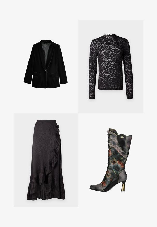 Blazer en velours noir avec revers cranté, fermeture à un bouton et deux poches avant. Texture douce et coupe ajustée.; Haut en dentelle noire à manches longues transparentes avec un motif floral et un col haut doté d'une petite finition à volants.; Jupe en satin noir avec un ourlet froncé et des détails sur le côté. Le motif léopard texturé ajoute un intérêt visuel. Silhouette longue et fluide.; Botte noire en cuir femme à talon haut avec lacets, motifs floraux en relief et imprimé floral multicolore sur la tige et le pied.