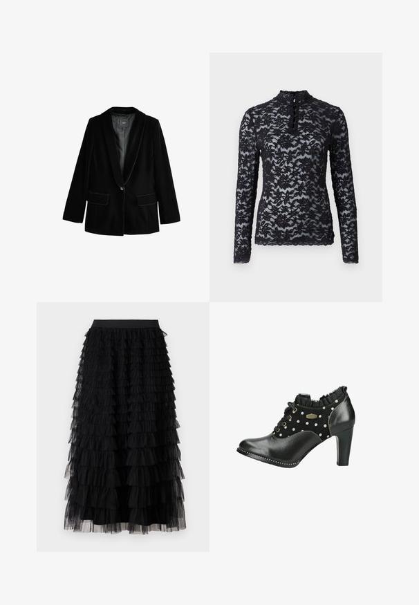 Blazer en velours noir avec revers cranté, fermeture à un bouton et deux poches avant. Texture douce et coupe ajustée.; Rosemunde T-shirt à manches longues - black; Vero Moda VMNAJA Mid waist Long - Jupe longue - black; Bottine noire en cuir et suède à pois, devant lacé, col volanté et talon bloc de hauteur moyenne.
