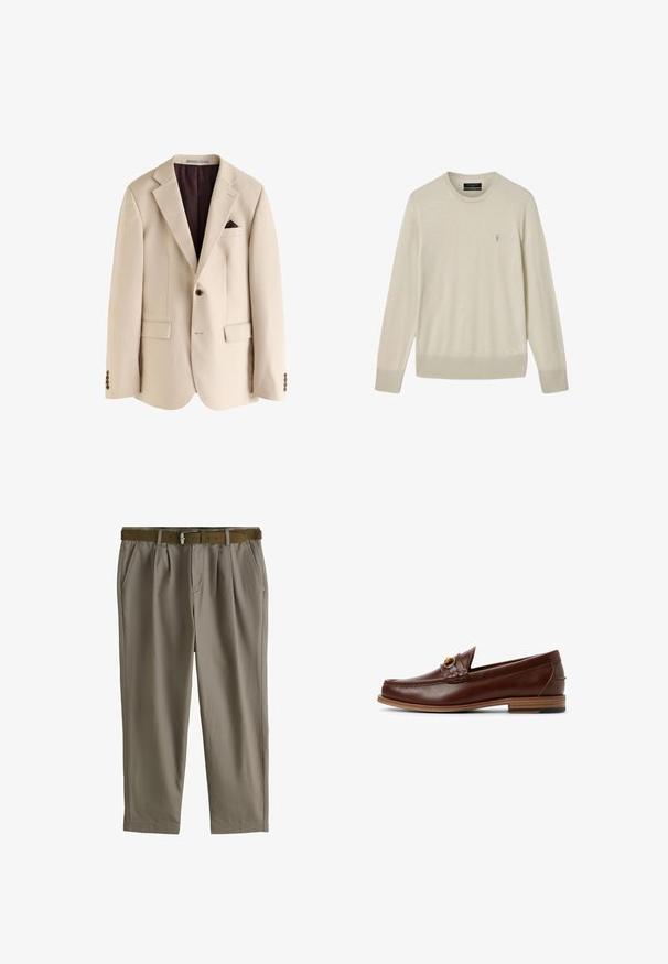 Beige enkeltknappet blazer med hakkede reverser, en knap, to frontlommer med klap, en brystlomme med mørkebrun lommetørklæde samt mørkebrun foring.; Beige langærmet sweater med rund hals og ribstrikkede manchetter og kant, med en lille broderet logo på venstre bryst.; Taupe plisserede bukser med sidelommer og et brunt bælte med en sølvspænde, vist på en hvid baggrund.; Brune læder loafers med et vævet detaljer og et guldfarvet element. Flad træhæl med sort gummigreb. Glat tekstur, klassisk design.