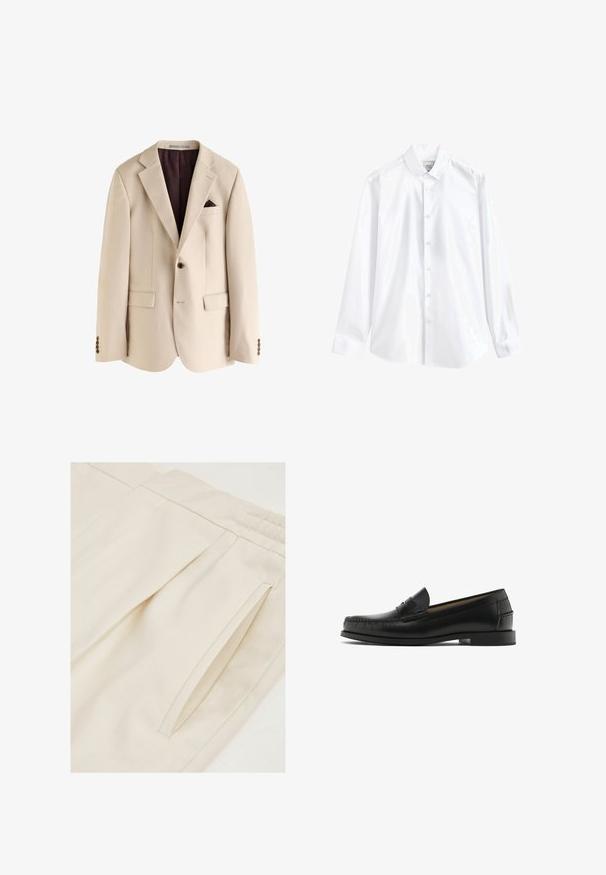 Blazer beige simple boutonnage avec revers crantés, un bouton, deux poches avant à rabat, une poche poitrine avec un mouchoir de poche marron foncé et une doublure marron foncé.; Chemise blanche à manches longues boutonnée, col boutonné, étiquette visible à l'intérieur du col et poignets plissés aux manches.; Reiss REGULAR FIT - BRIGHTON WITH TURN UPS - Chino - ecru; Mocassins en cuir noir avec un bout arrondi, des détails de surpiqûres, une texture lisse et un petit talon carré. Aucune décoration ou motif visible.