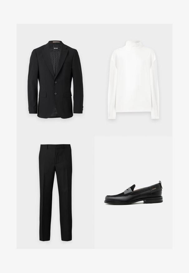 Sort blazer med en en-knoob design, klippet revers, to forlommer og to knapper. Glat stof med et mønstret inderfor.; Hvid langærmet turtleneck top med en glat tekstur, der har en høj halsudskæring og drop skuldersømme for en afslappet pasform.; Sorte skræddersyede bukser med en glat tekstur, der har et lige ben-design, frontfolder og en flad talje. Ingen synlige lommer.; Sort læderloafer med grå remdetalje, lav hæl og tekstureret sål, mærket med "HUGO" i guld på siden.