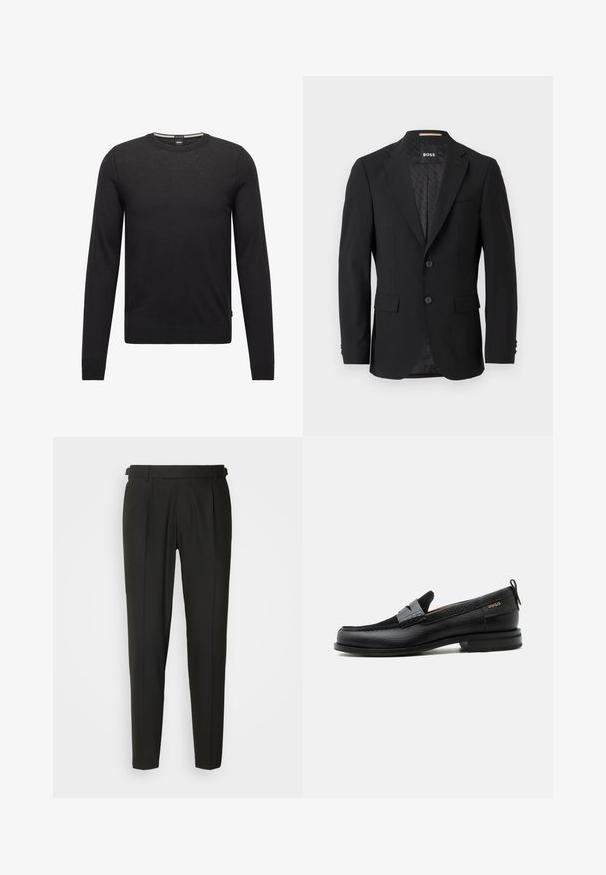 Blazer negro con un diseño de botonadura simple, solapas muestradas, dos bolsillos frontales y dos botones. Tejido suave con un forro interior estampado.; Suéter negro de manga larga hecho de tejido de punto fino. Presenta un cuello redondo y puños y dobladillo acanalados. Diseño minimalista sin patrones.; Pantalones negros ajustados con frontales lisos, dos pliegues, trabillas para cinturón y diseño de pierna recta. Fabricados con una tela suave y ligera.; Mocasín de cuero negro con detalle de tira gris, tacón bajo y suela texturizada, con la marca "HUGO" en oro en el lateral.
