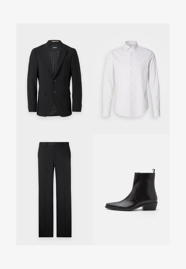 Zwarte blazer met een enkelvoudige sluiting, metkleppen, twee voorzakken en twee knopen. Gladde stof met een gemusterde binnenvoering.; Witte longsleeve shirt met een puntig kraag, knopenfront, gemaakt van een gladde stof. Heeft een subtiele gestreepte textuur.; Zwarte, op maat gemaakte broek met een rechte pijp, zachte stof, voorvouwen en een enkele knoopsluiting in de taille.; Zign by Zalando LEATHER - Cowboy-/Bikerlaarsjes - black