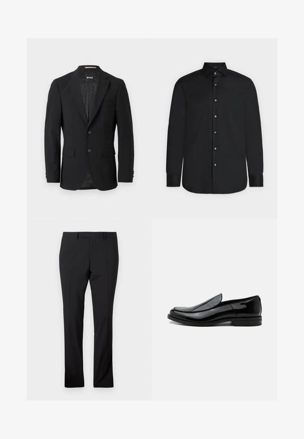 Zwarte blazer met een enkelvoudige sluiting, metkleppen, twee voorzakken en twee knopen. Gladde stof met een gemusterde binnenvoering.; Zwart shirt met lange mouwen met knopen, puntige kraag en witte knopen, plat weergegeven op een lichte achtergrond.; Zwarte op maat gemaakte broeken met riemlussen, een voorkreuk en een rechte pijp op een effen witte achtergrond.; Zwarte glanzende leren instapschoenen met lage hak en afgeronde neus, zijaanzicht op een witte achtergrond.