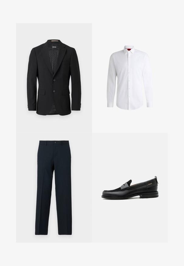 Zwarte blazer met een enkelvoudige sluiting, metkleppen, twee voorzakken en twee knopen. Gladde stof met een gemusterde binnenvoering.; Witte overhemden van soepel materiaal met een klassieke kraag, lange mouwen en een afgeronde zoom. Voorzien van beige knopen aan de voorkant.; Zwarte slim-fit broek met knoop- en ritssluiting, ceintuurlussen en rechte pijp.; Zwarte leren loafer met grijs riemdetailelement, lage hak en gestructureerde zool, aan de zijkant gebrandmerkt met "HUGO" in goud.