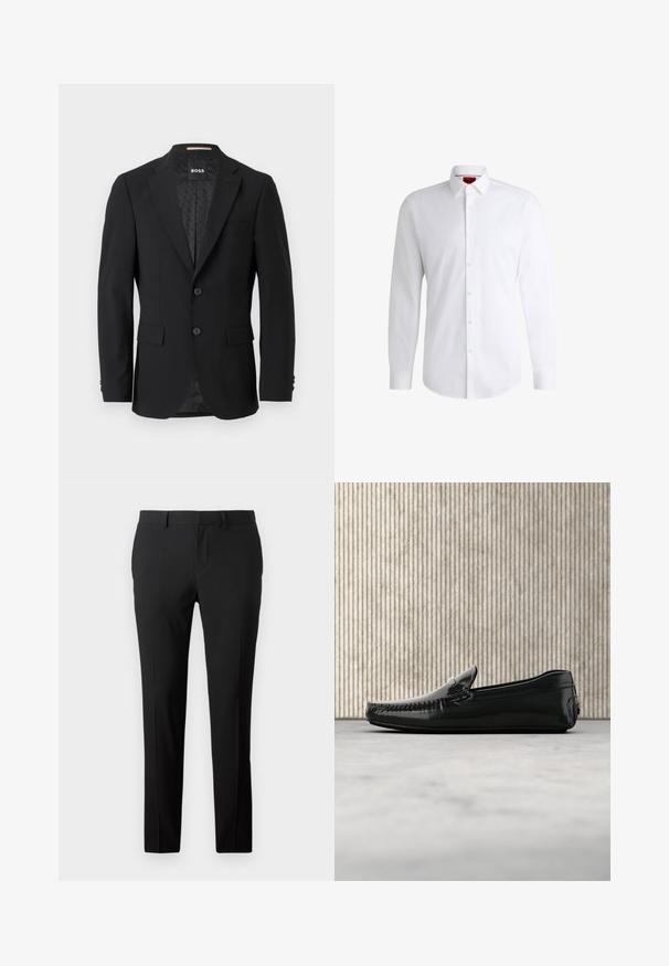 Sort blazer med en en-knoob design, klippet revers, to forlommer og to knapper. Glat stof med et mønstret inderfor.; Hvid skjorte med knapper lavet af glat stof med klassisk krave, lange ærmer og rundet kant. Har beige knapper foran.; Skræddersyede sorte bukser i et glat stof. Har et lige ben-design, frontfald og bæltestropper til justerbar størrelse.; Sorte læder loafers med en blank overflade, rund tå og dekorativt hardware foran. Lavprofil gummisål. Glat tekstur.
