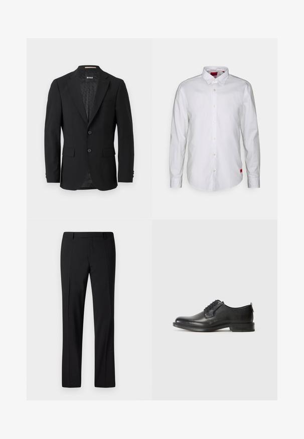 Schwarzes Blazer mit einem einreihigen Design, Reverskragen, zwei vorderen Taschen und zwei Knöpfen. Glattes Gewebe mit einem gemusterten Innenfutter.; Weiße Langarmbluse mit Button-Down-Kragen, aus leichtem Stoff gefertigt. Enthält ein dezentes Markenetikett in rot an der unteren Seite.; Schwarze, maßgeschneiderte Hose mit geradem Bein, ausgestattet mit einer glatten Textur, gefaltetem Vorderteil und einem klassischen Bund für ein formelles Erscheinungsbild.; Schwarze Leder-Schnürschuhe für Herren mit niedrigem Absatz und glatter Oberfläche, seitlich auf einem schlichten hellen Hintergrund dargestellt.